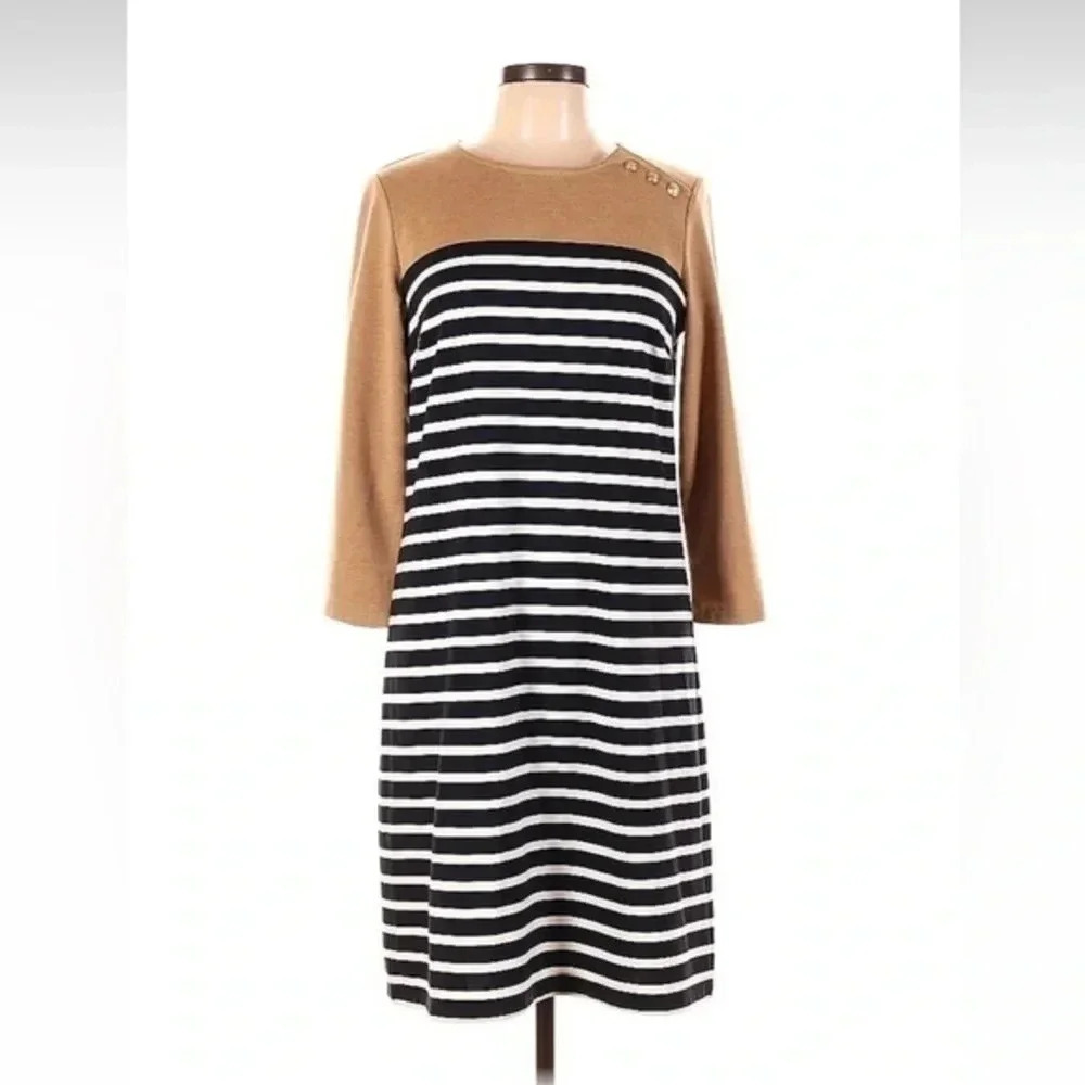 Lands’ End Stripe Classic Shift Midi Dress Size M Medium 10-12 3/4 Sleeves